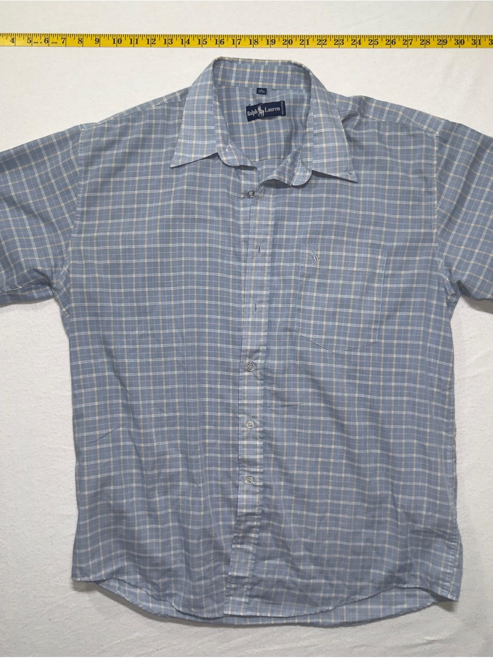 Ralph Lauren Men’s Blue Plaid Short-Sleeve Button-Up Shirt vintage polo
